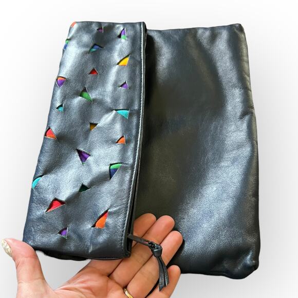 Pioneer Vintage 80s Navy Blue Leather Fold Over Clutch Purse w/ Fabric Cut Outs - Picture 3 of 15